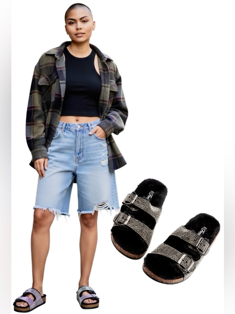 Forever Link Benefit-31 Rhinestone Black Faux-Fur Double-Buckle Slide Sandals 🖤💎